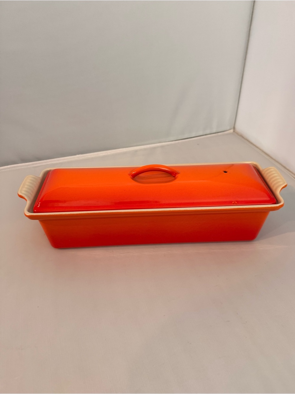 Vintage MCM Le Creuset #32 Flame Orange Enameled Cast Iron Pâté Terrine Pan Bake